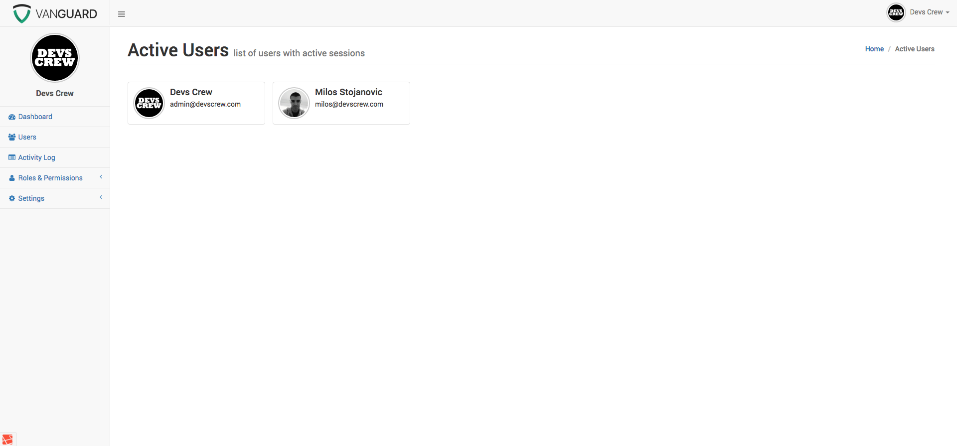 Vanguard New Page Example - Active Users