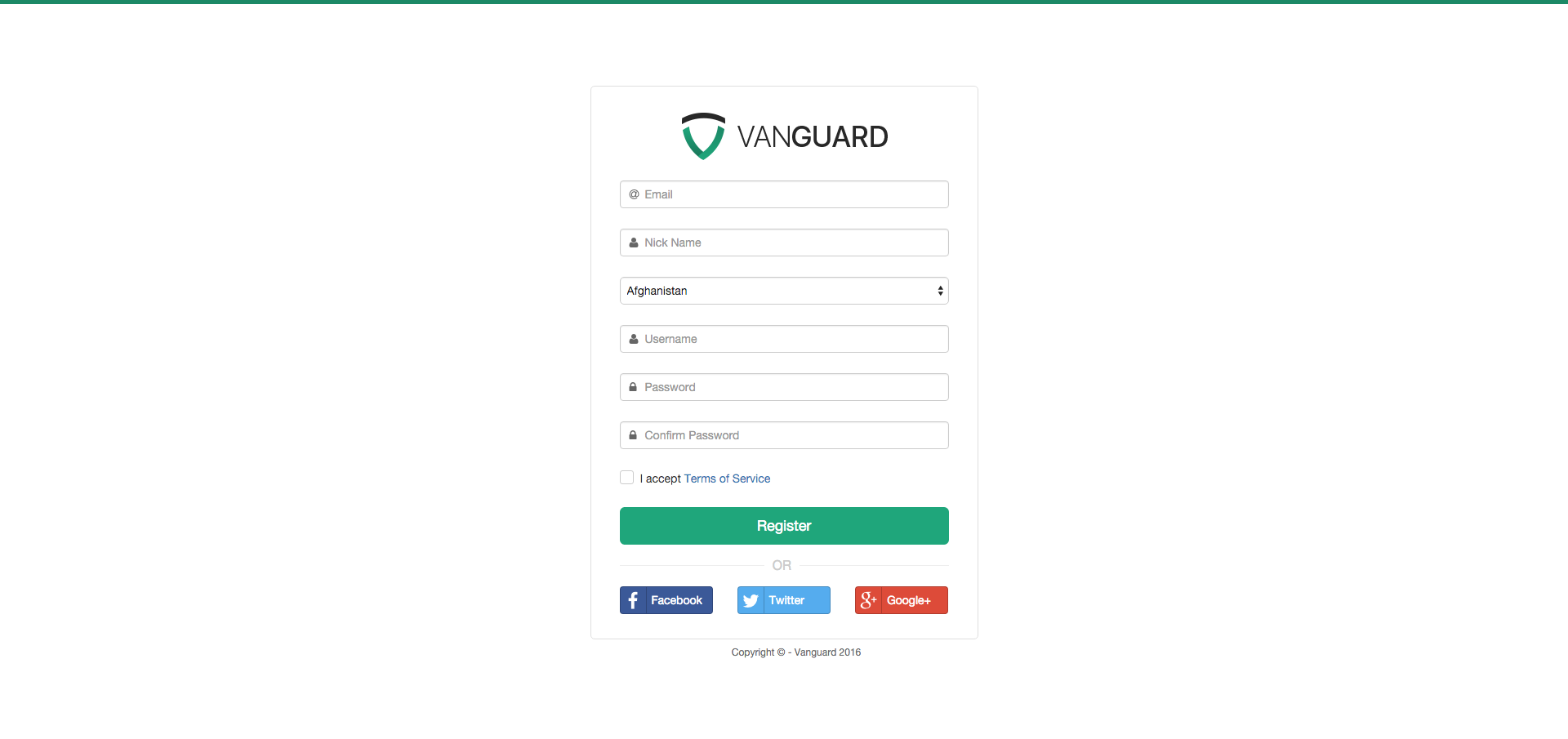 Vanguard - Registration Field Example Form