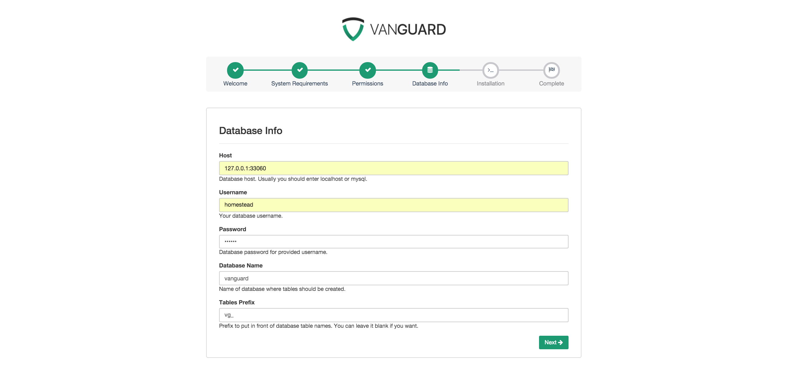 alt Vanguard Installation - Database Credentials