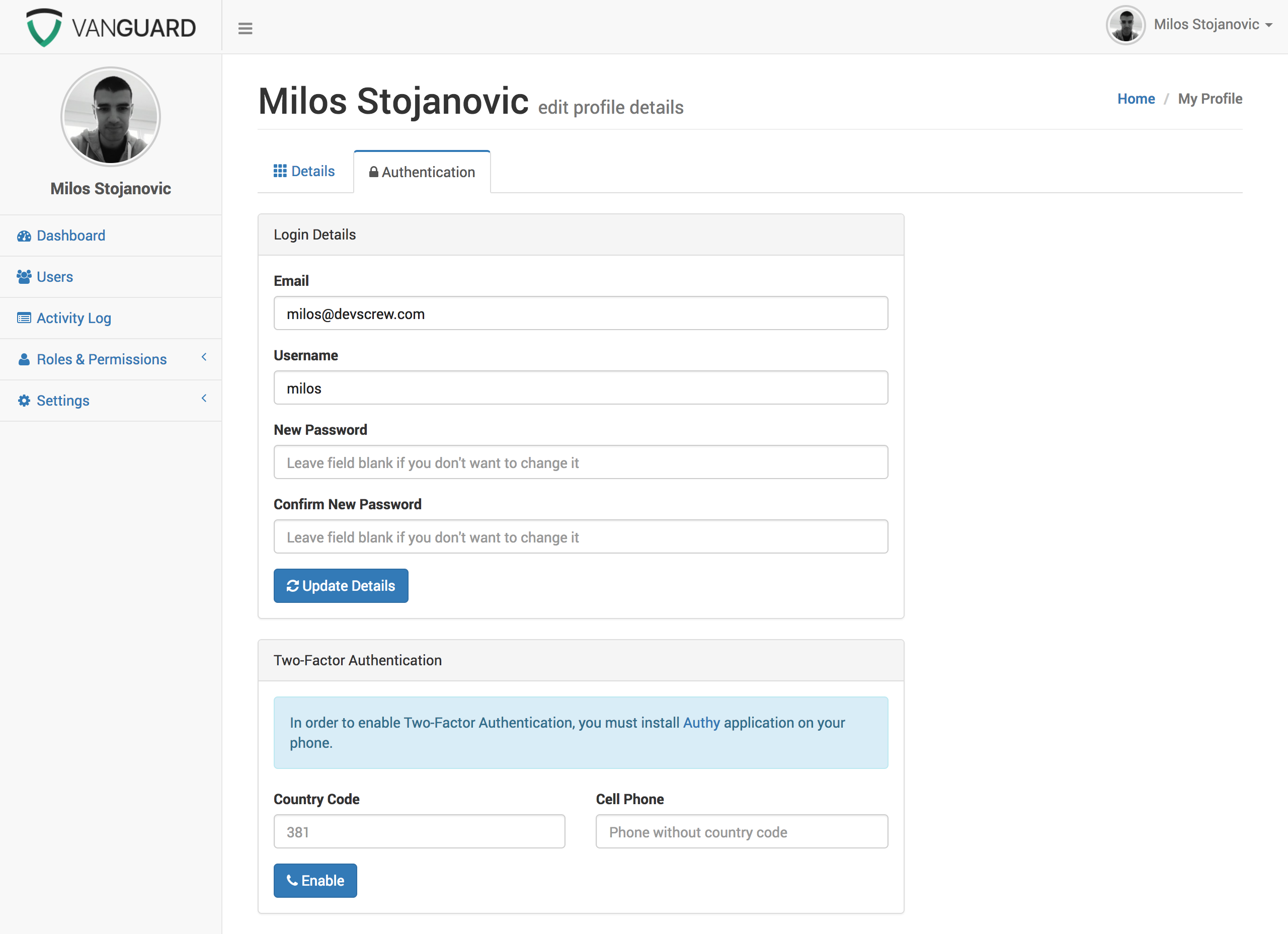Vanguard User Profile - Authentication