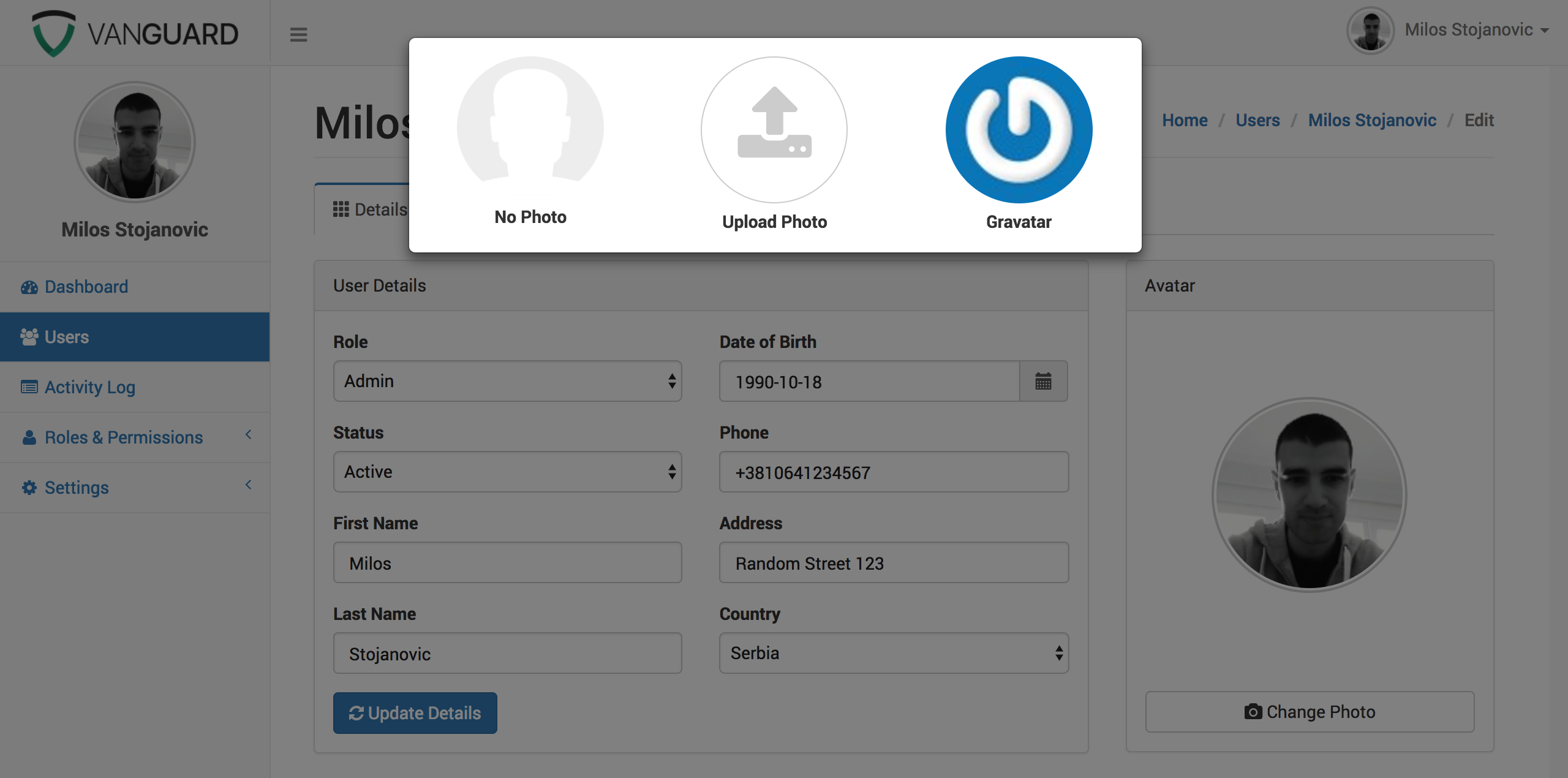 Vanguard User Profile - Avatar Modal