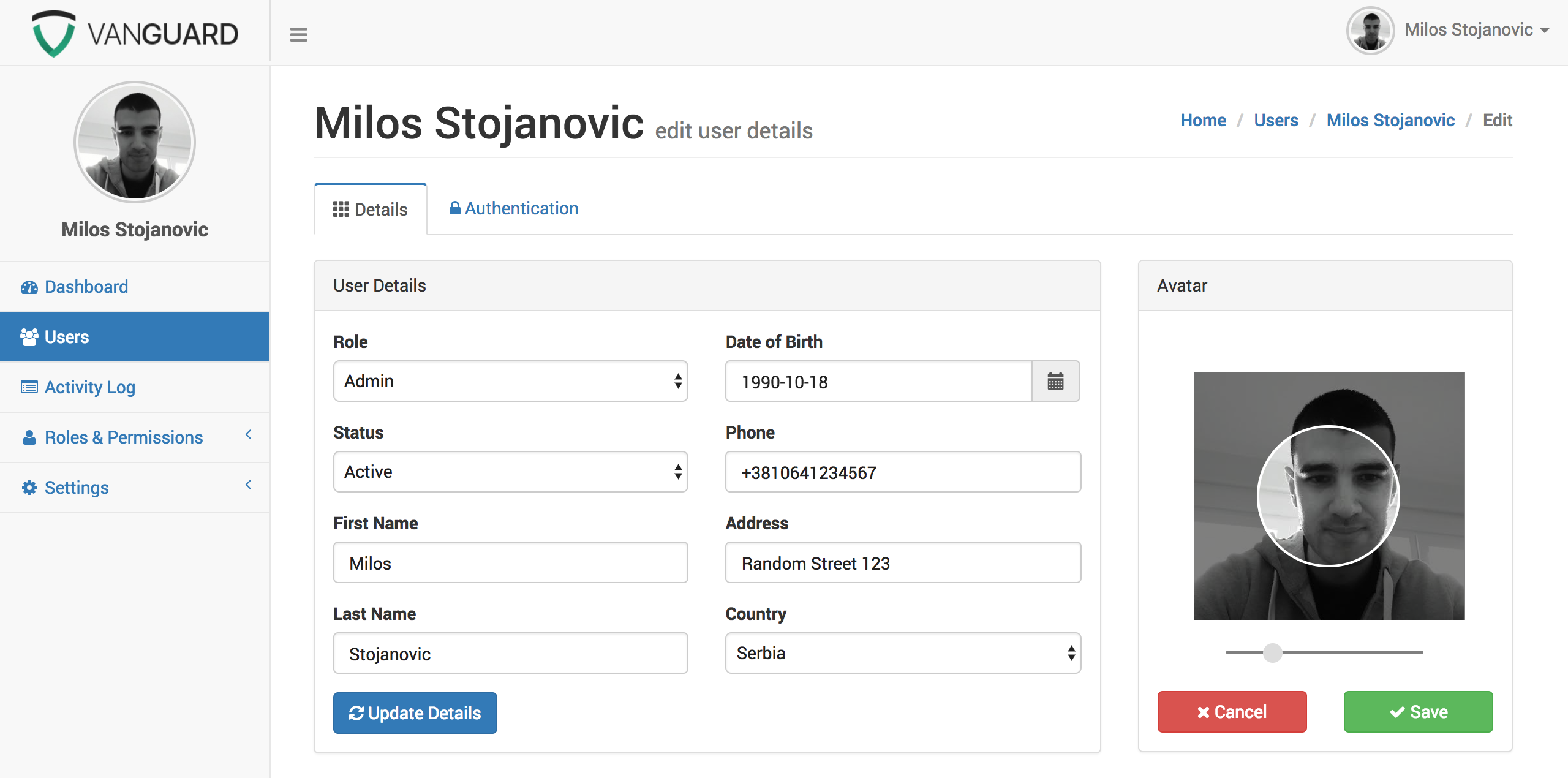 Vanguard User Profile - Avatar Upload