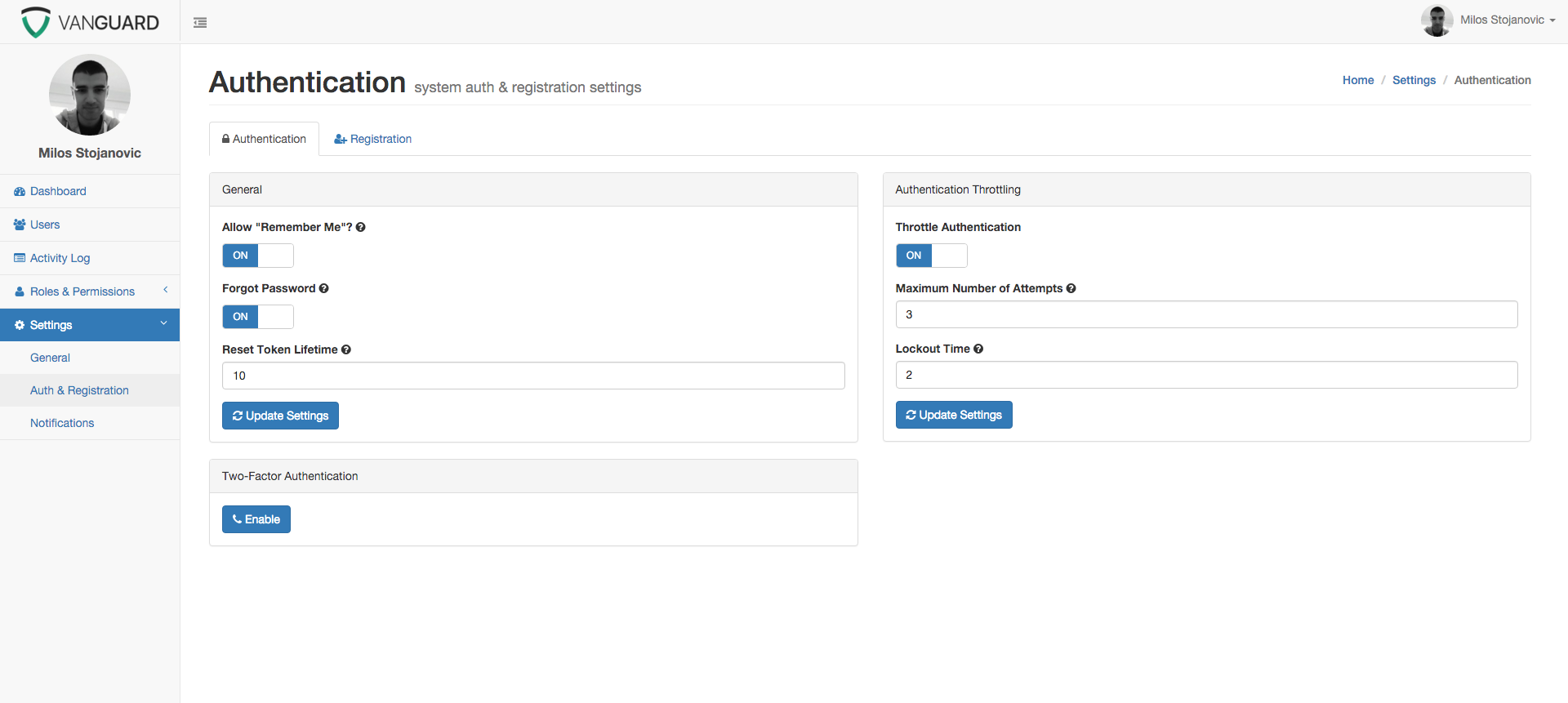 Vanguard - Authentication Settings