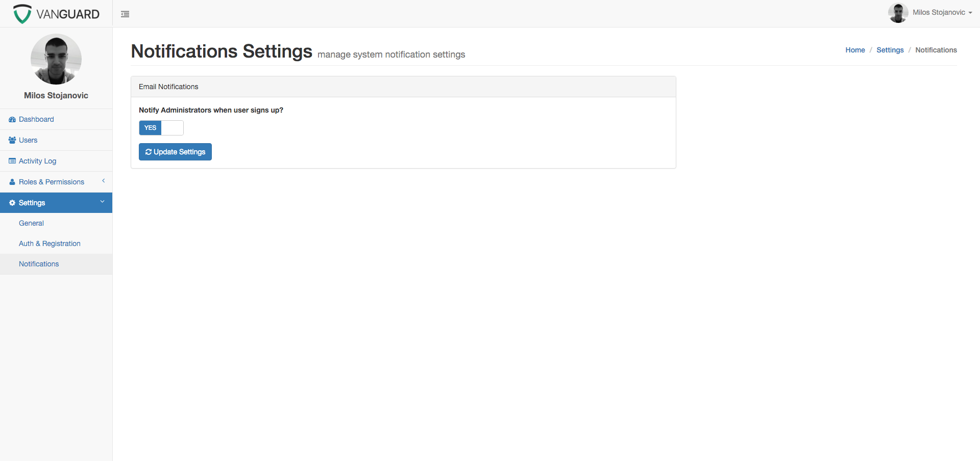 Vanguard - Notifications Settings