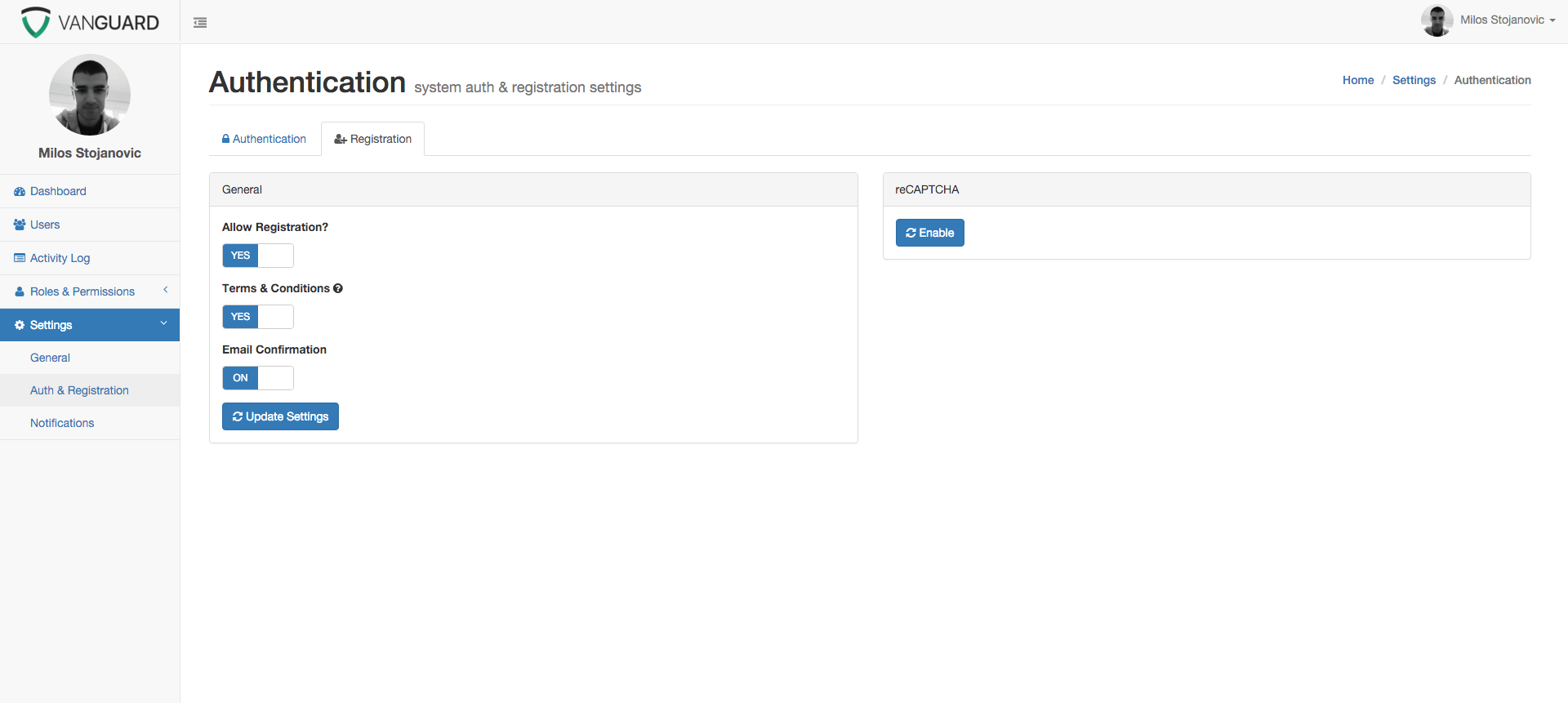 Vanguard - Registration Settings